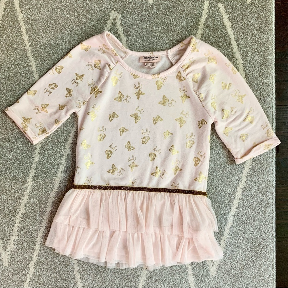 Juicy Couture Pink Shirt Sleeve Ruffle Hem Top w/ Gold Butterflies Size 6X